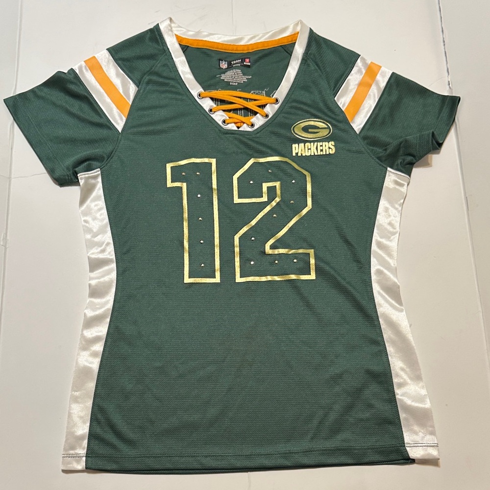 NFL Packers Women's Green and Gold Aaron Rogers sequin Jersey Top S